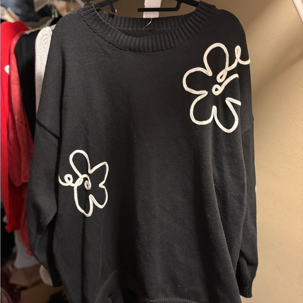 Oversized Black Sweater with White Floral Design